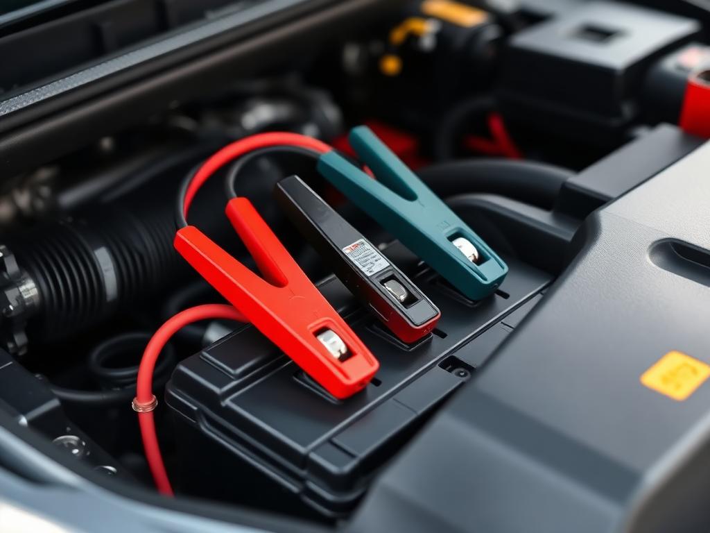 Jumper cable clamps attached to a car battery in an engine bay