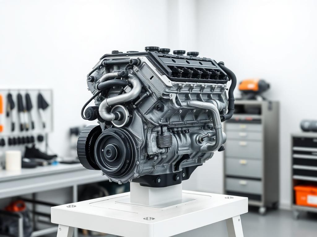 Engine block on a stand in a bright workshop