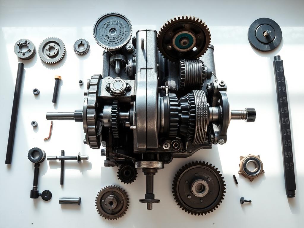 Disassembled manual gearbox parts laid out on a bench