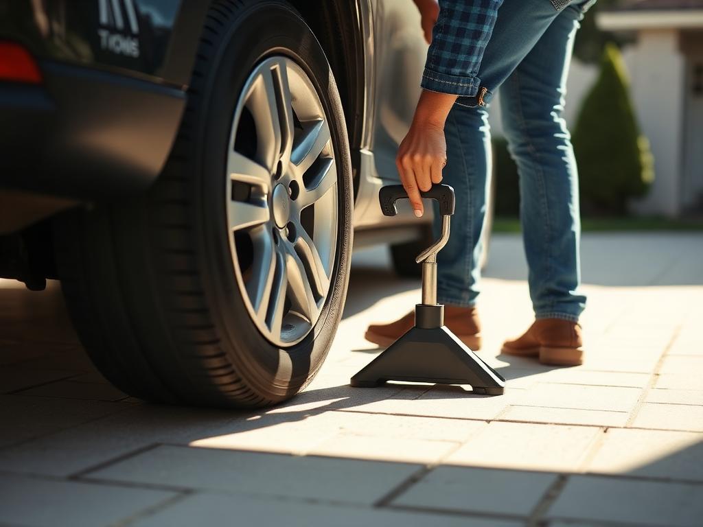 Person jacking up a car to change a wheel on a driveway