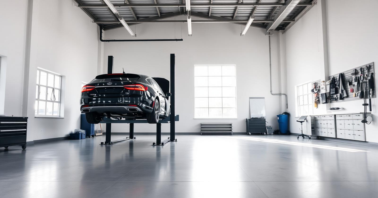 Bright modern car workshop with a car on a lift